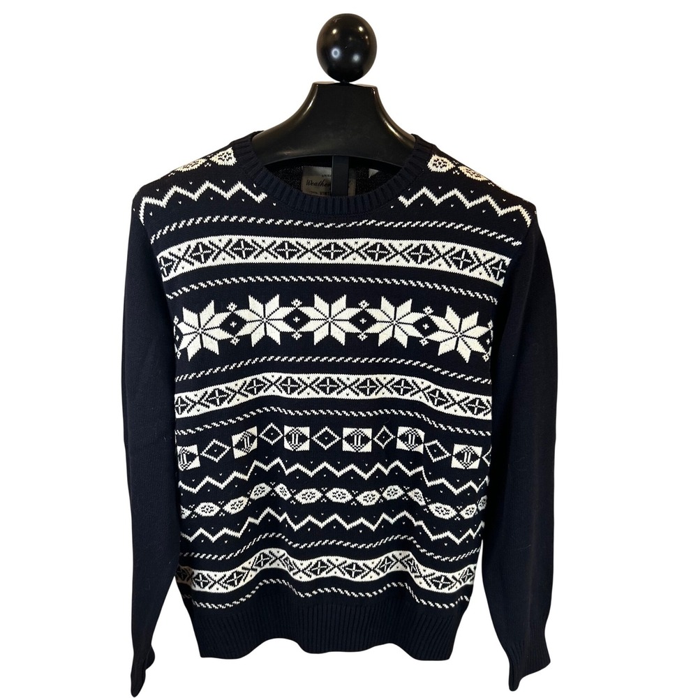 Weatherproof Mens Navy Blue Fair Isle Snowflake Holiday Sweater Large